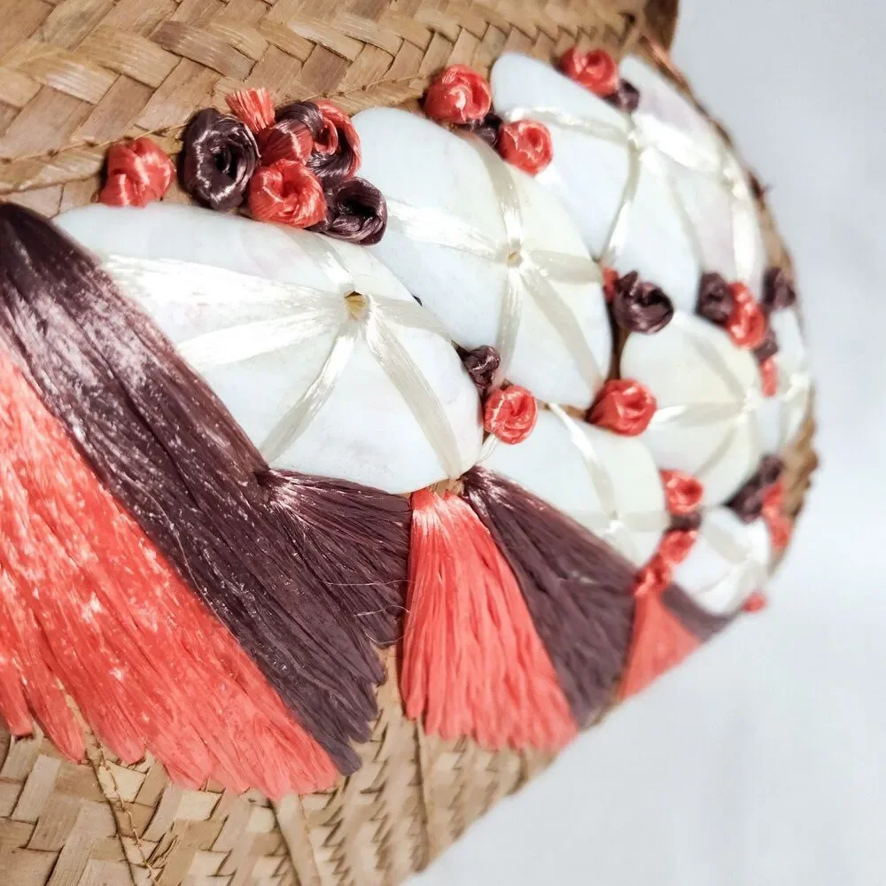 Boho Vintage Bag Floral Red Tan Straw Woven Natural Seashells‎ Shoulder Summer